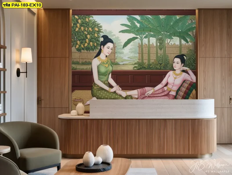ภาพติดผนังนวดไทย ลายเส้นศิลปะไทยสำหรับผนังร้านนวดที่ตกแต่งด้วยเฟอร์นิเจอร์ไม้ เลือกสั่งผลิตภาพตามขนาดกับ Decorsiam ร้านขายวอลเปเปอร์