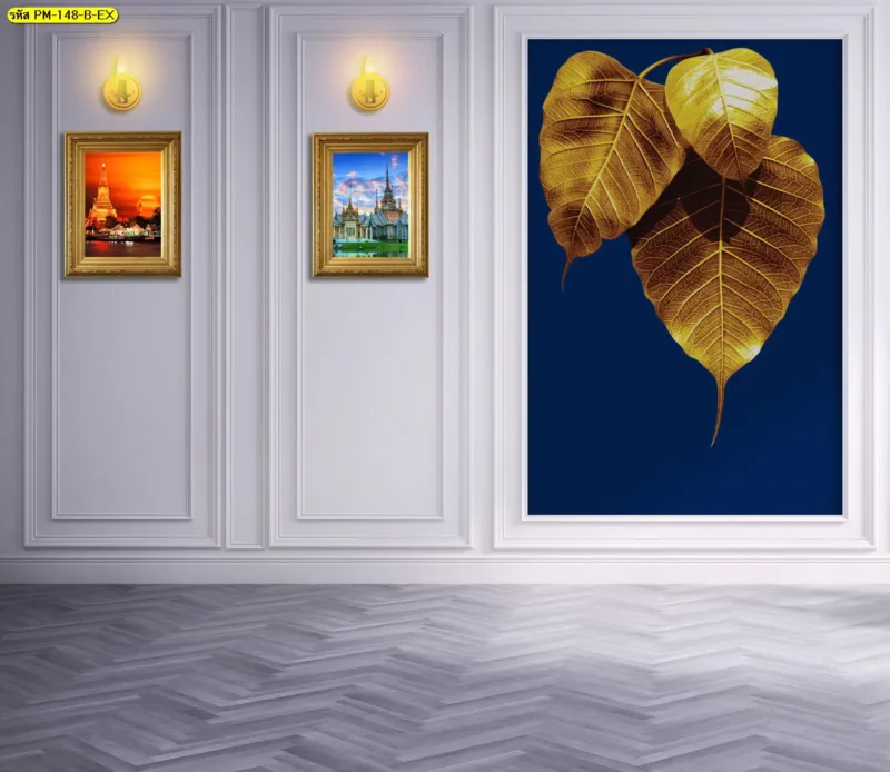 Bodhi leaf wall mural สำหรับผนังห้องพระที่มีหิ้งพระอยู่ตรงกลาง แสดงการจัดใบโพธิ์ไว้ด้านข้าง พร้อมจำหน่ายวอลเปเปอร์สำหรับงานตกแต่งภายใน
