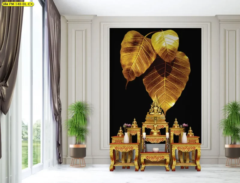 วอลเปเปอร์ลายใบโพธิ์ทองสำหรับผนังหลังพระพุทธรูป เน้นกลุ่มใบที่วางอยู่รอบพื้นที่หลัก พร้อมร้านผลิตวอลเปเปอร์สำหรับงานห้องพระและพื้นที่ทางศาสนา