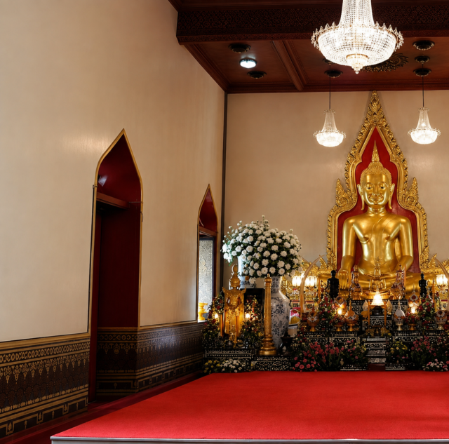 พรมแดงหน้าแท่นพระพร้อมโคมไฟ